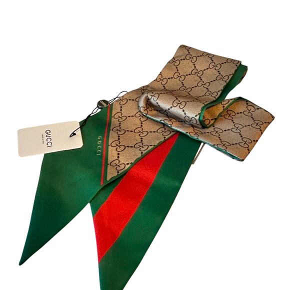 LAST ONE 100% SILK Luxury Neck Scarf Designer Logo 3.5" X 46" Brown Green Red - Picture 1 of 6
